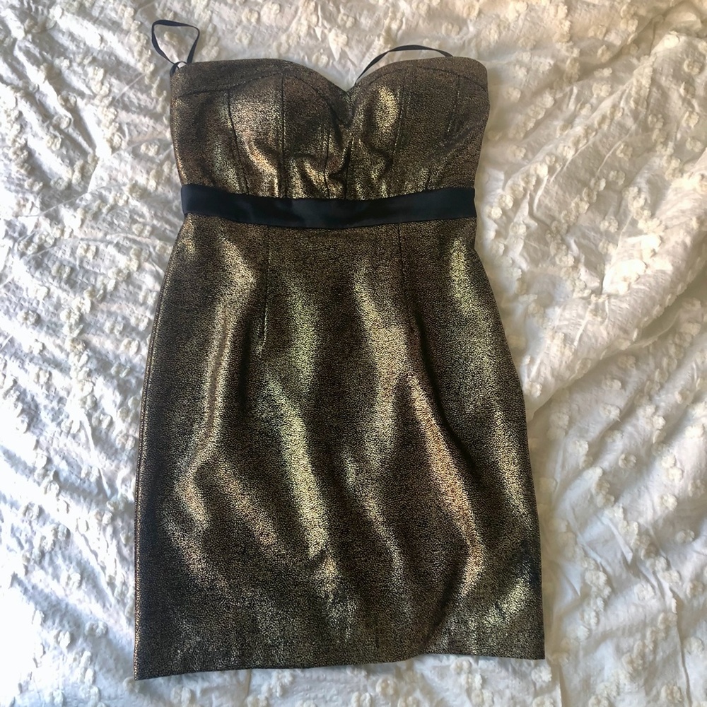 Minuet Gold Strapless Cocktail Dress, Medium